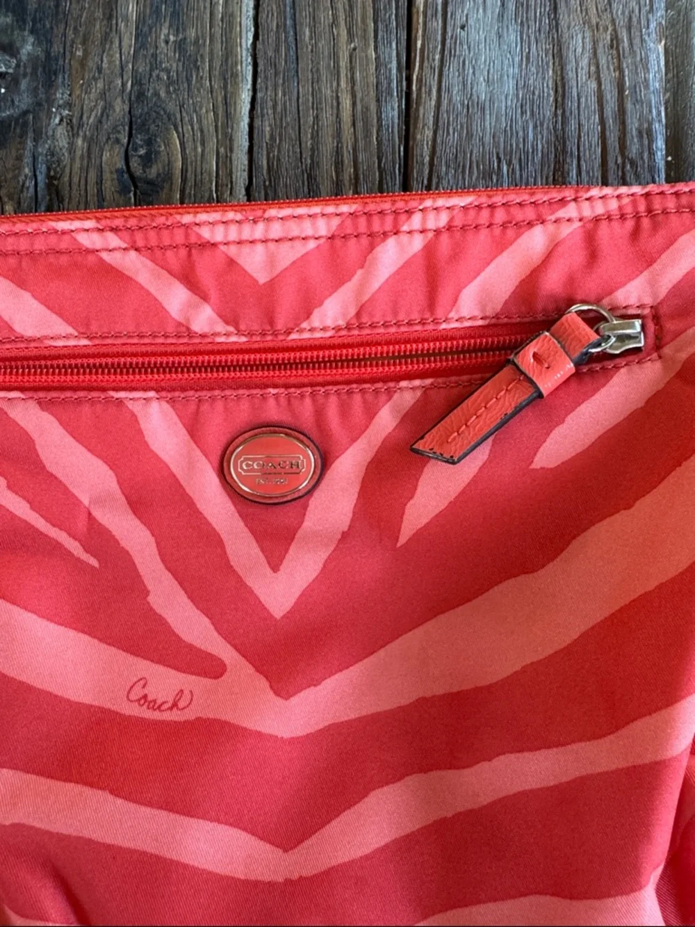 Coach‎ hot orange zebra print nylon clutch, makeup bag, tote organizer